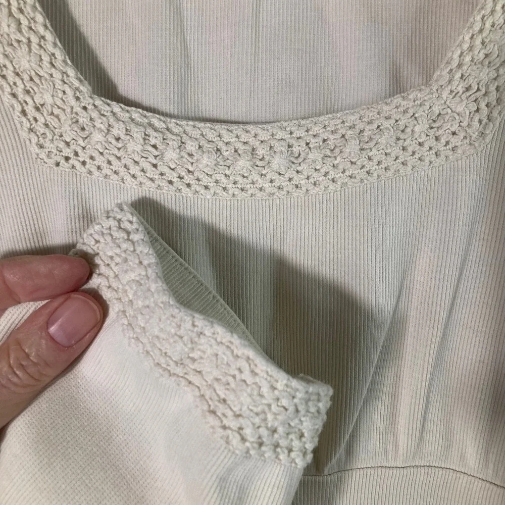 Vintage Prana Cream Ribbed Knit Square Neck Crocheted Trim‎ Top Women's L